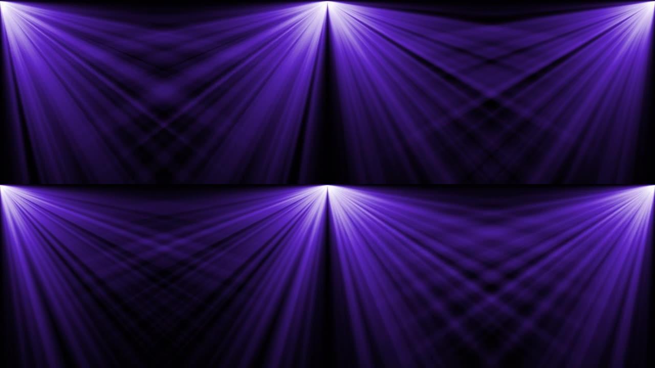 蓝色工作室闪耀着紫色的舞台光芒。大聚光灯从天空照亮场景。舞台上的光芒。所有的灯都聚集在一个点上。表演