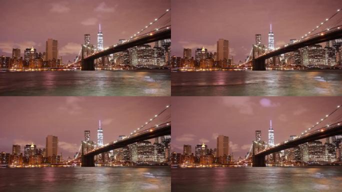 夜光布鲁克林大桥全景4k延时从美国
