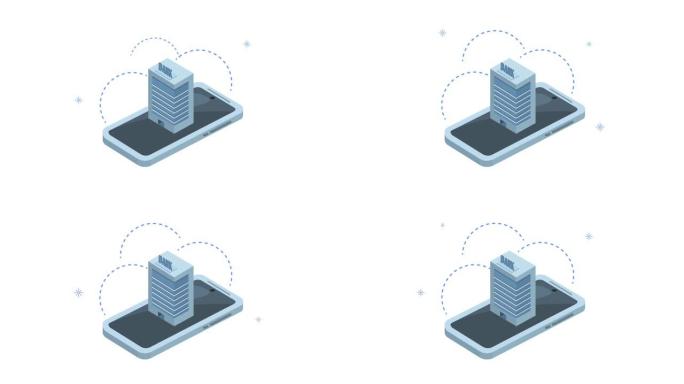 带有银行大楼的智能手机设备动画