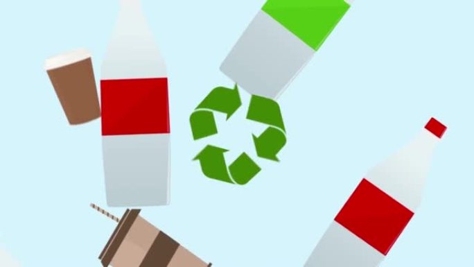 塑料瓶，咖啡杯垃圾垃圾掉落，无缝循环4k动画，回收符号