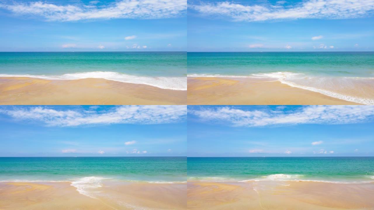 普吉岛海滩海自然视频。景观场景夏季海滩海沙，海滩海域。在泰国普吉岛卡隆海滩。