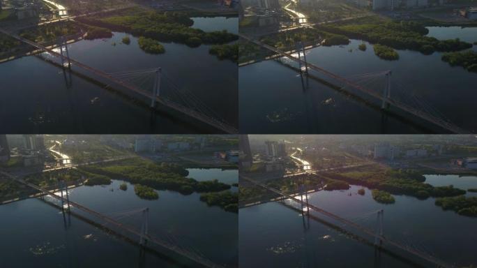 叶尼塞河上人行天桥的鸟瞰图克拉斯诺亚尔斯克市无人机镜头