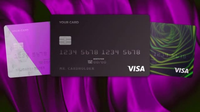 丰富多彩的背景上的Visa银行卡动画。动。在线购买和非接触式支付概念