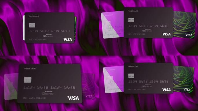 丰富多彩的背景上的Visa银行卡动画。动。在线购买和非接触式支付概念