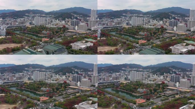广岛城市景观鸟瞰图，现代日本城市的办公楼和摩天大楼-从亚洲上方看日本的景观全景