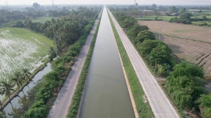 稻田直灌溉渠系统管理与农村农艺的鸟瞰图
