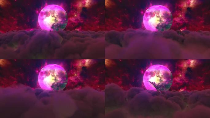 钻石海豚在月亮的背景下跳出云层。红色。无缝循环的3d动画
