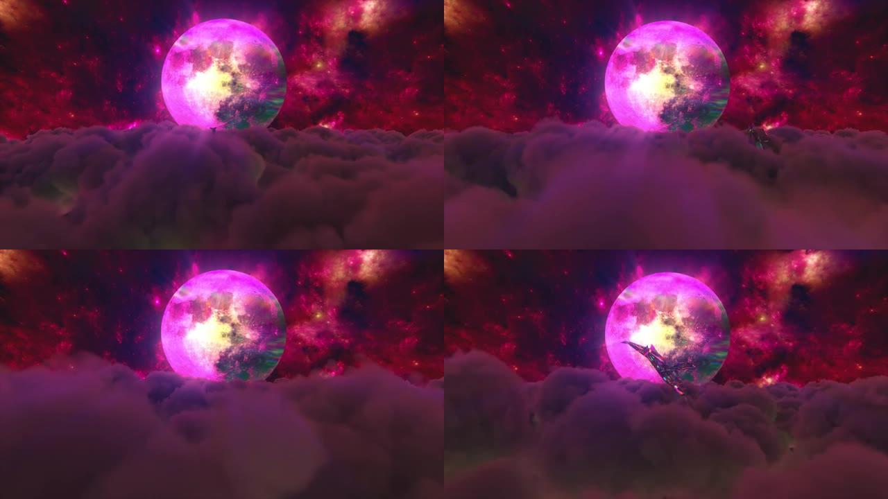 钻石海豚在月亮的背景下跳出云层。红色。无缝循环的3d动画