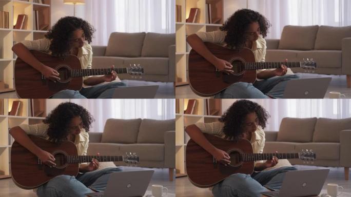 吉他学习音乐课女人在家练习