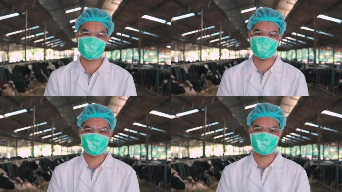 一名男性兽医在牲畜农场与奶牛一起工作，看着相机微笑-智能农业概念