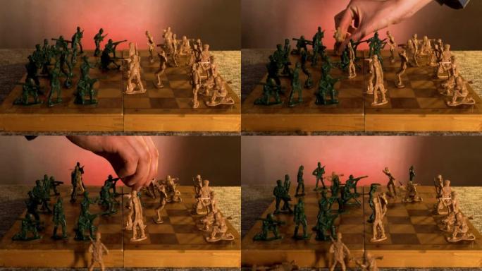 两只手在一个木制的棋盘上与塑料玩具士兵下棋。通过战争来进行政治游戏的概念。时间流逝