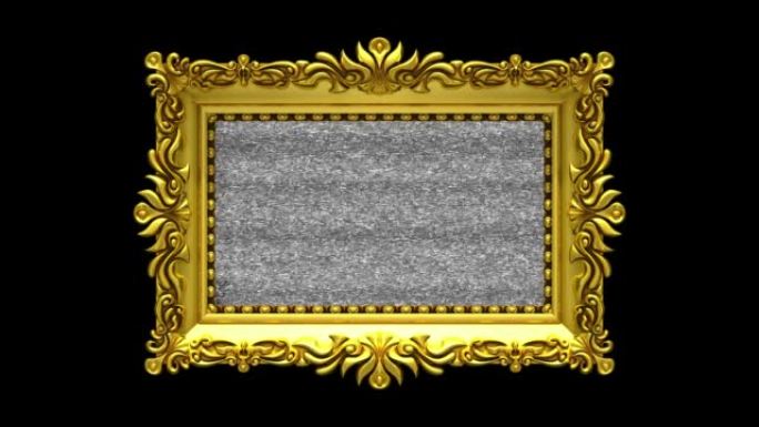 黑色背景。电视噪音和绿色色度键以华丽的金色相框在屏幕上播放。3D动画介绍。