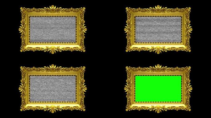 黑色背景。电视噪音和绿色色度键以华丽的金色相框在屏幕上播放。3D动画介绍。