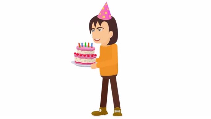 拿着生日蛋糕的女孩。生日庆祝活动的动画。卡通