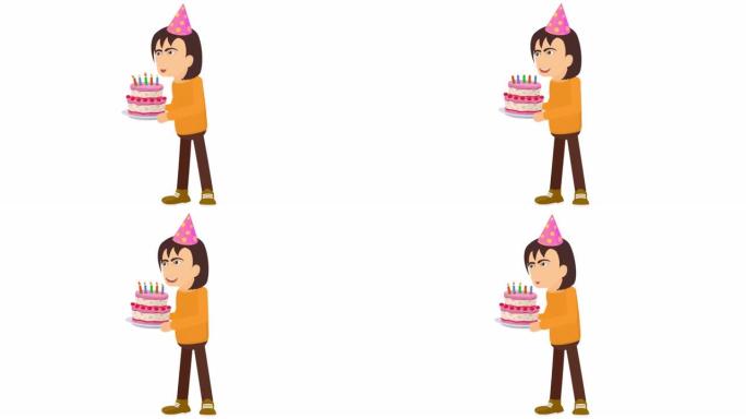 拿着生日蛋糕的女孩。生日庆祝活动的动画。卡通