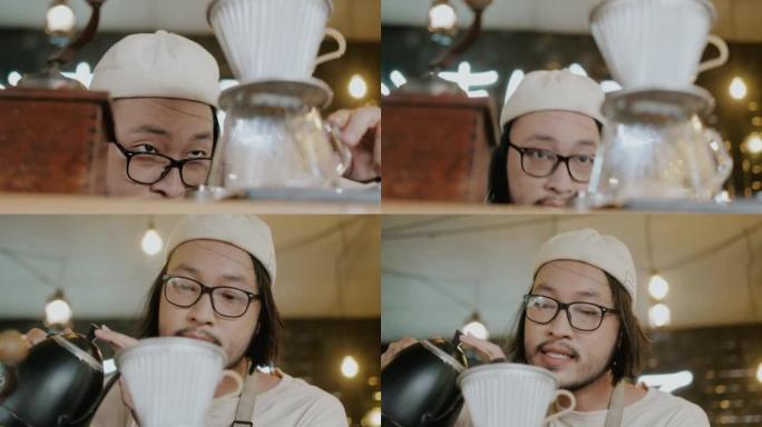 时髦的咖啡师在杯子里的咖啡粉上打水。