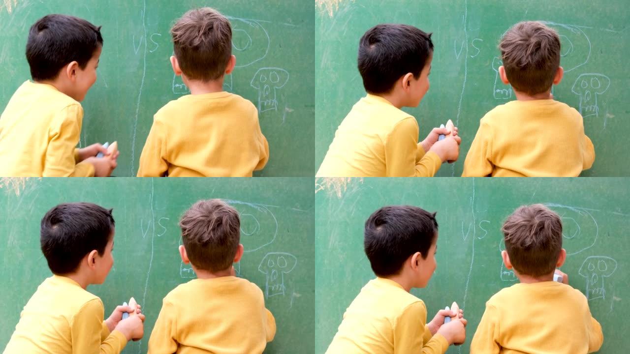 小男孩从后面在黑板上画画
