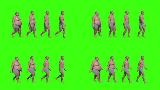 男性身体从薄到满的等级，动画，绿屏