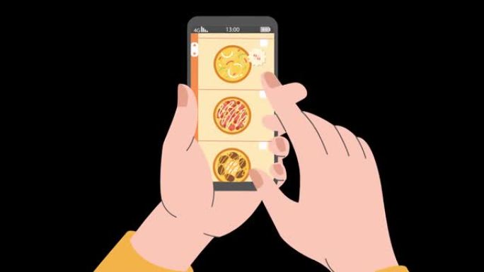 使用在线送货订购披萨，2d平面动画。在黑色背景上隔离的智能手机上滚动送餐应用程序。餐厅经营理念。