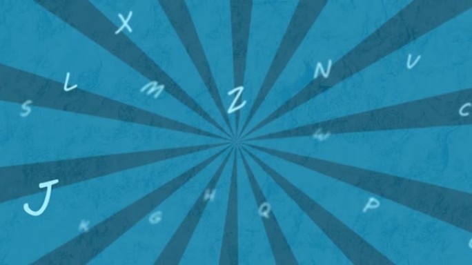 蓝色放射状背景下漂浮的多个英文字母的数字动画