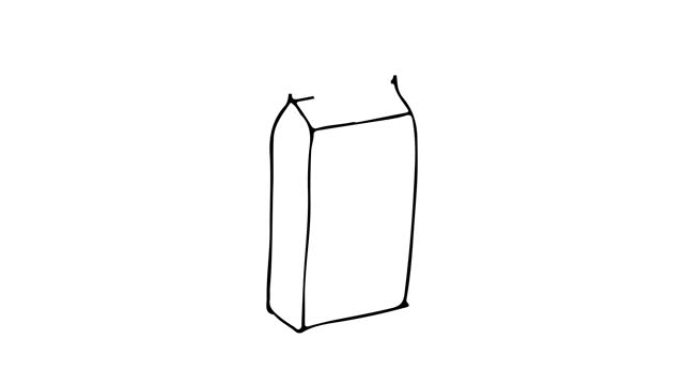 白色背景上的咖啡纸袋涂鸦动画。在白色背景上绘制纸质咖啡袋的动画。白色纸袋咖啡涂鸦视频