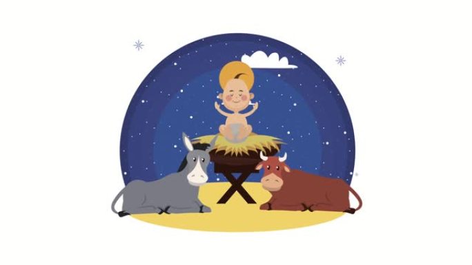 梅里圣诞动画与耶稣婴儿和动物