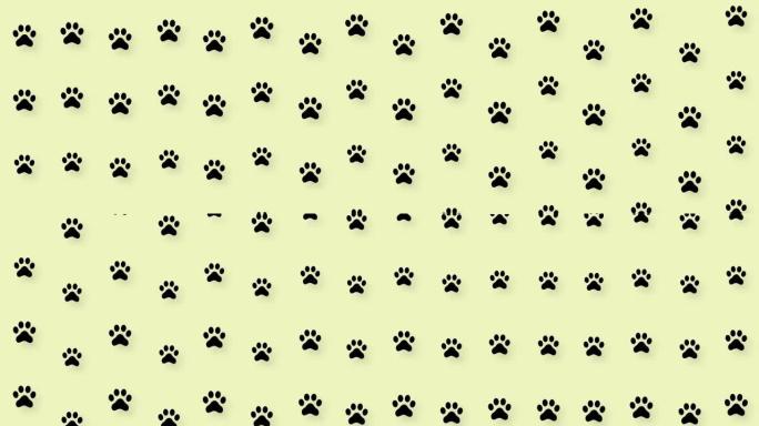 黄色背景上的猫爪子的彩色图案。猫爪无缝图案。顶视图。狗，猫足迹背景。4k视频运动
