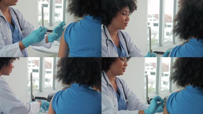 非裔美国儿童在诊所或医院接种疫苗，手持护士注射疫苗以获得免疫力以获得保护。儿童疫苗概念。