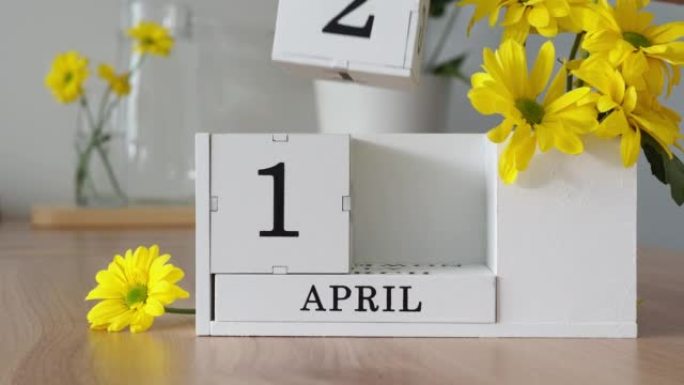 春季月份4月12日。女人的手翻过一个立方历法。黄色花朵旁边的桌子上的白色万年历。在一个月内更改日期。