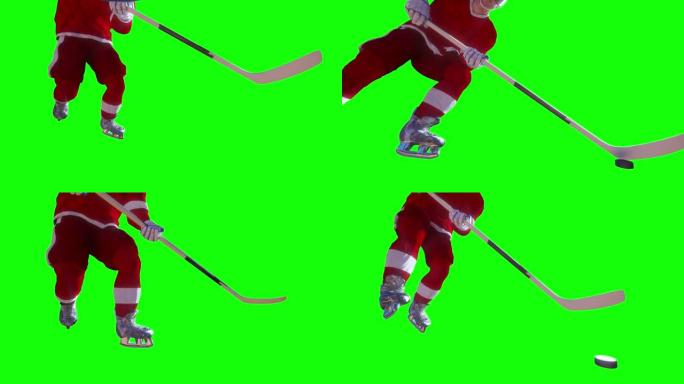 曲棍球运动员在绿色背景3d渲染上玩曲棍球