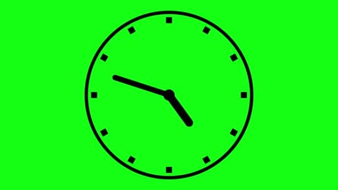 绿色背景上有移动箭头的时钟。12小时循环动画中的时钟动画