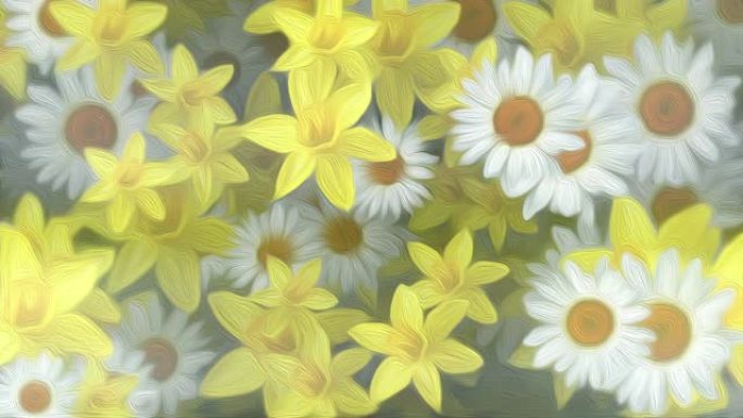 春季水仙花和雏菊花卉油画背景