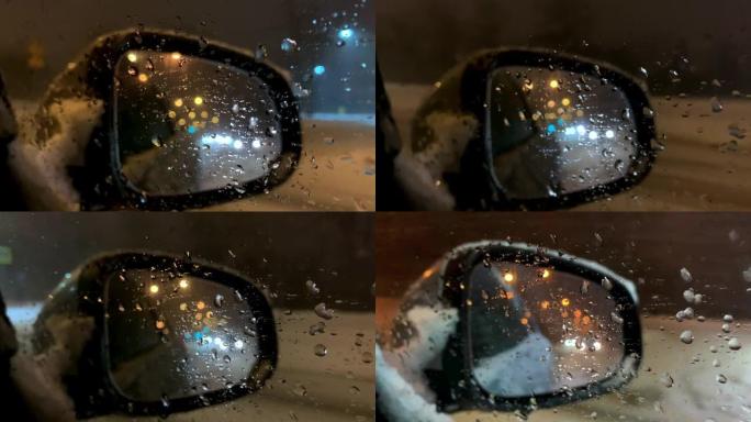 冬季城市汽车POV的后视镜暴风雪
