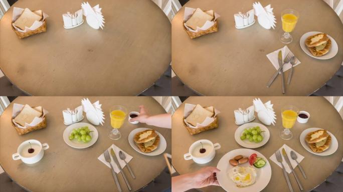 女服务员把炒鸡蛋、香肠、水果、面包、酸奶和果汁放在桌子上吃早餐的时间流逝