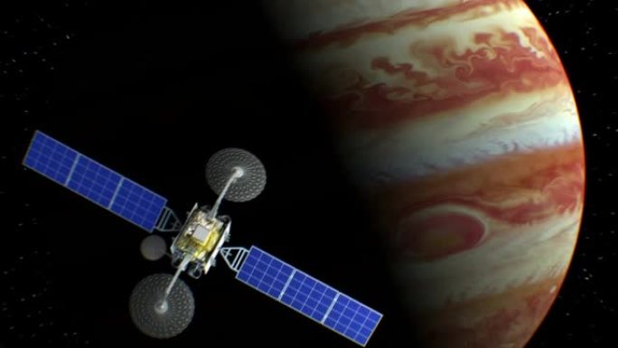 背景上的木星，虚构的观测卫星飞过，3d动画。行星的纹理是在图形编辑器中创建的，没有照片和其他图像。