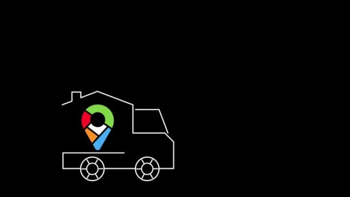 运输和家庭搬迁概念。卡车和带有彩色位置标志的房屋的外观轮廓。我们在黑色背景上前进。视频。4k分辨率。
