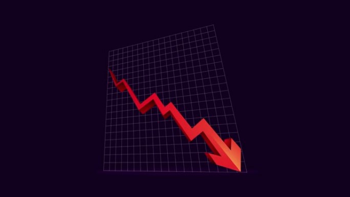 向下箭头动画图标。经济简单移动箭头股票视频-动画画面显示波动下降趋势，向下红色箭头图表股票视频在紫色