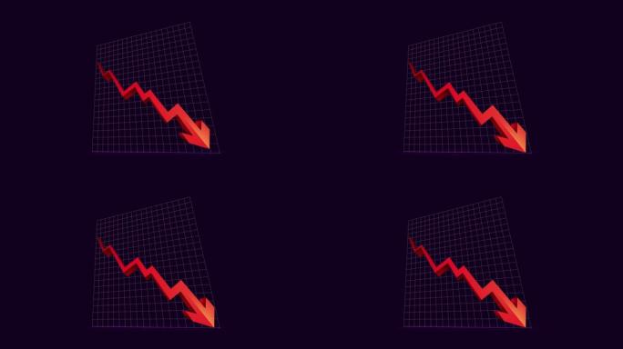 向下箭头动画图标。经济简单移动箭头股票视频-动画画面显示波动下降趋势，向下红色箭头图表股票视频在紫色
