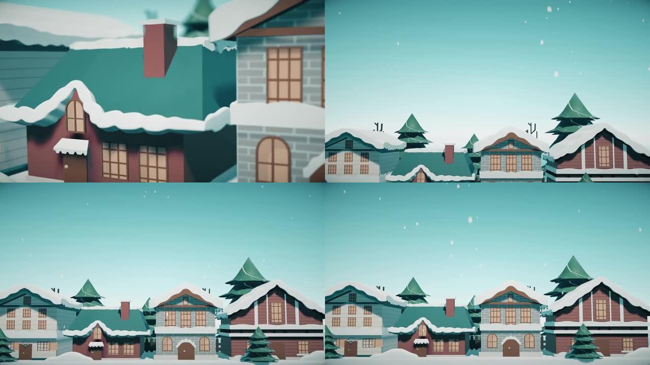 舒适的积雪覆盖的高山村庄有一排房屋