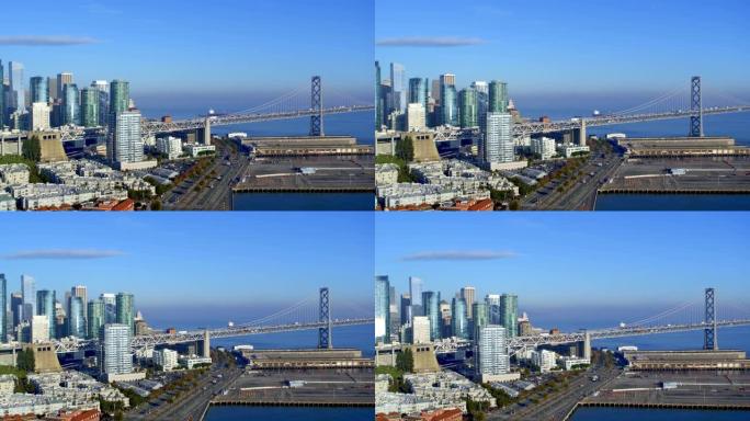 海湾大桥SF侧令人难以置信的景色，海湾中的建筑物、港口和油轮作为十字交叉。