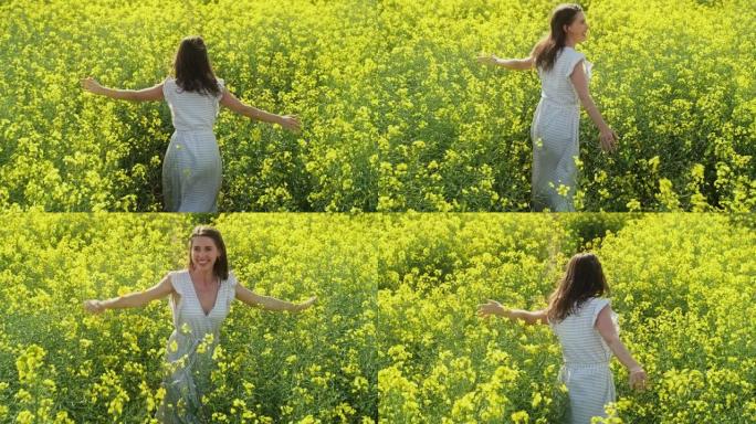 4k视频片段，一名年轻女子在花丛中奔跑