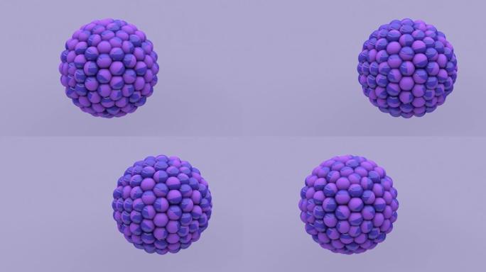 带有蓝色和紫色球的球体。抽象动画，3d渲染。