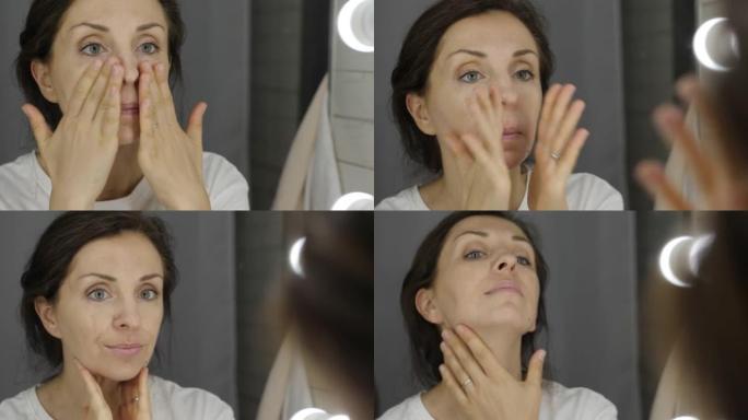 后视图严重美丽的30多岁女人正在使用面部保湿霜