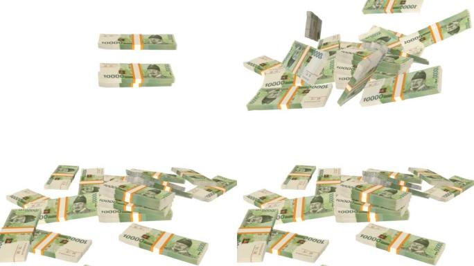许多钱落在桌子上。10000韩国韩元纸币。