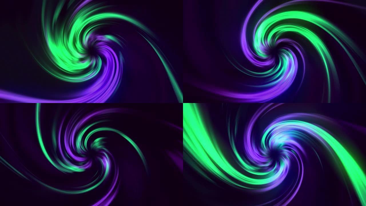 螺旋移动背景与紫色和绿色的颜色组合，无缝循环。动。散布扭曲的彩色条纹
