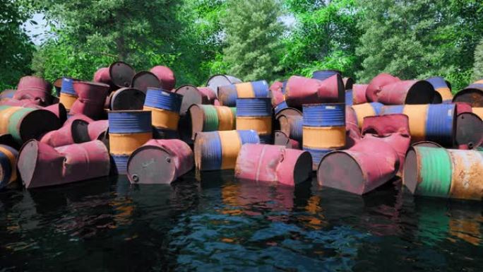 数百个废弃的旧油桶被丢弃到河流中，污染了水，并以有毒废物破坏了自然景观和环境