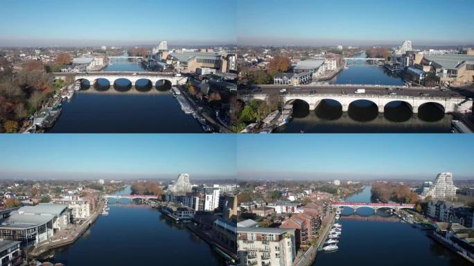 泰晤士河上金斯敦大桥和金斯敦铁路桥的无人机航拍画面。