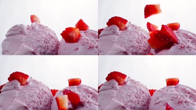 草莓冰淇淋配新鲜草莓超慢动作