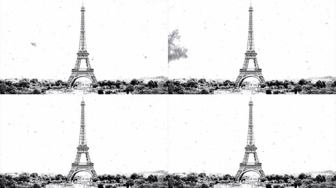 巴黎全景与埃菲尔铁塔在冬天慢慢落下的雪。具有视差效果的黑白创意4k视频。