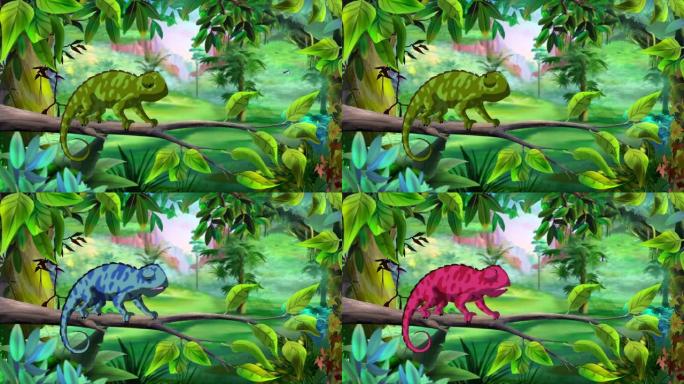 丛林中的动画变色龙改变了颜色